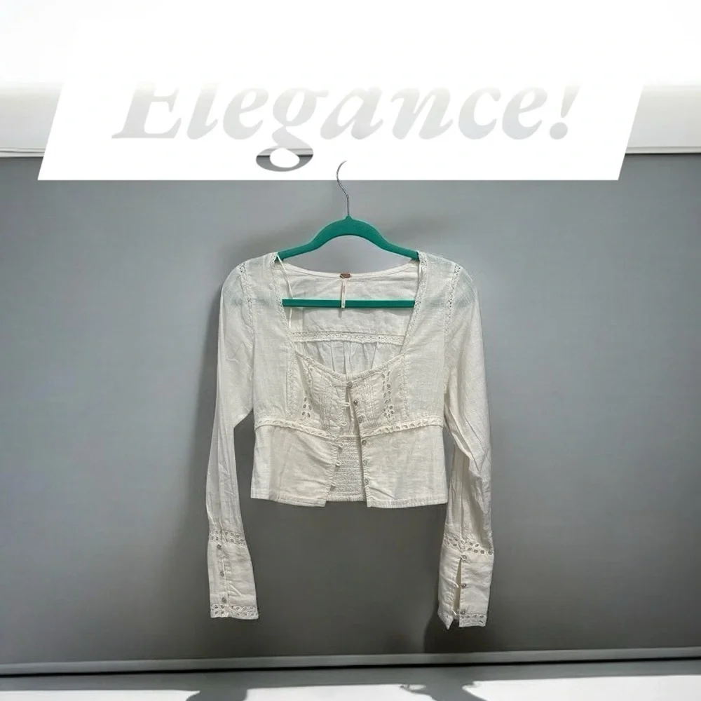 FREE PEOPLE JOI eylet crop blouse top ivory Lace-Trimmed Women's Top size XS